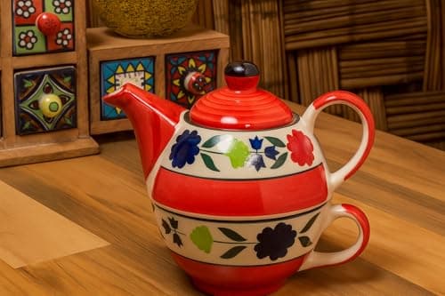 Bloomberry Red Ceramic Tea Pot Kettle with Cup Milk hot Water Cup with Handle teapot Set of 1 Coffee chai Kettle 300ml Masala chai Green Tea Ideal serveware for Gifting.