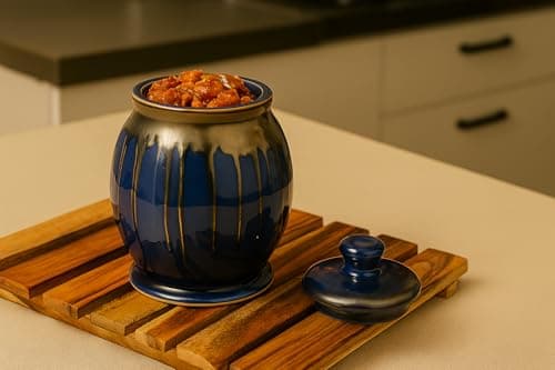 Midnight Drizzle Ceramic Pickle Jar Set Of 1(1000 ml) Multipurpose Container Salt Sugar Spices Ceramic Jar with Lid Chutney Jar Ideal For kitchen storage Gifting.