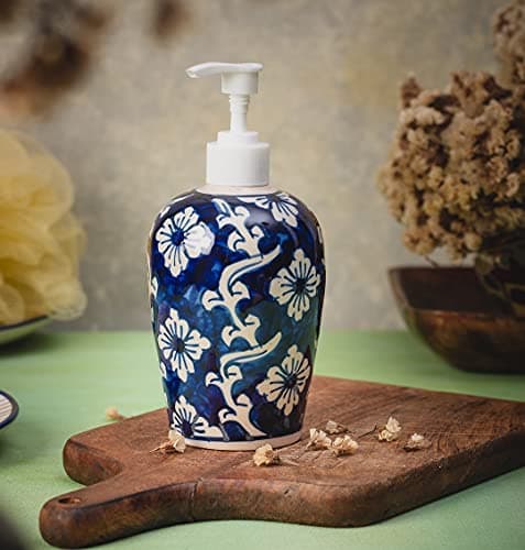Royal Blue Floral Ceramic Liquid soap Dispenser 500ml Handmade Hand wash Bottle for Bathroom Kitchen Sink wash Basin Shampoo Lotion Dispenser Ideal for Decor Daily use & Gift
