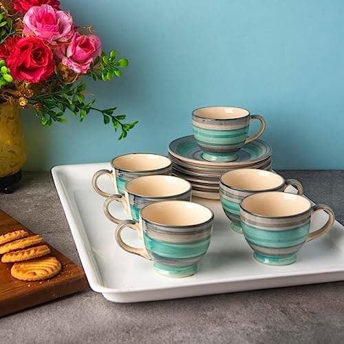 Aqua Mist Ceramic Cup and Saucer Set of 12(130ml) Tea Coffee Cups for Morning & Evening Tea Handmade chai Sets Kitchen Tableware Ideal for Daily use Home & Office and Gifting.