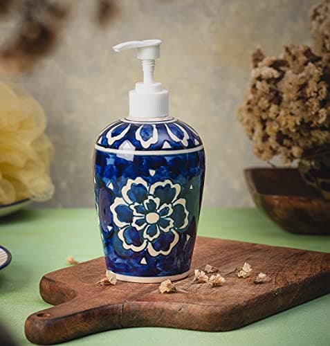 Royal Blue Flower Ceramic Liquid soap Dispenser 500ml Handmade Hand wash Bottle for Bathroom Kitchen Sink wash Basin Shampoo Lotion Dispenser Ideal for Decor Daily use & Gift.