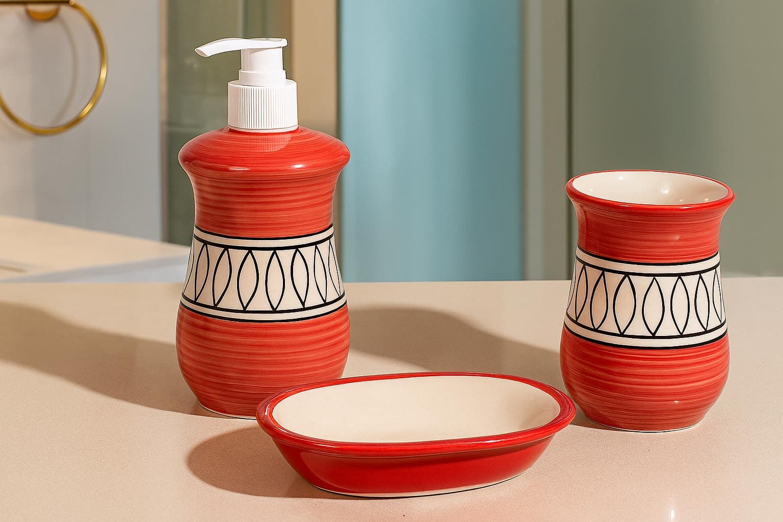 Red Rhythm Ceramic Bathroom Sets 3 Pieces Accessories kit with Soap Dish, Tumbler and dispensers for Hand wash Liquid soap Ideal for Bathroom décor & Gift