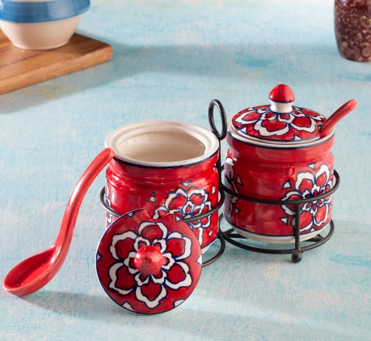 Ceramic Jar Set with Iron Stand, 2 Spoon & Matching Lid for Storage Pickle (Red), 300 ML