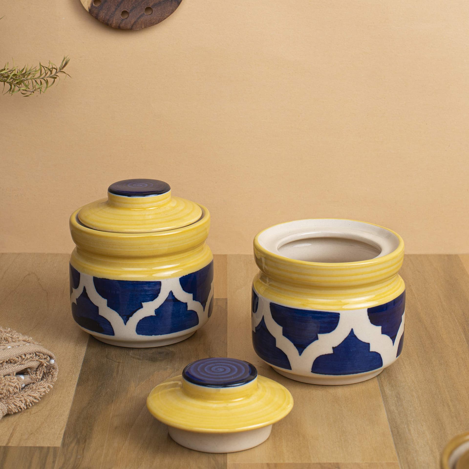Ceramic Blue Umrao Pickle Jar Set of 2(300ml each) Multipurpose Jar for Ghee, Sauces, Kitchen Jar and Dining Table