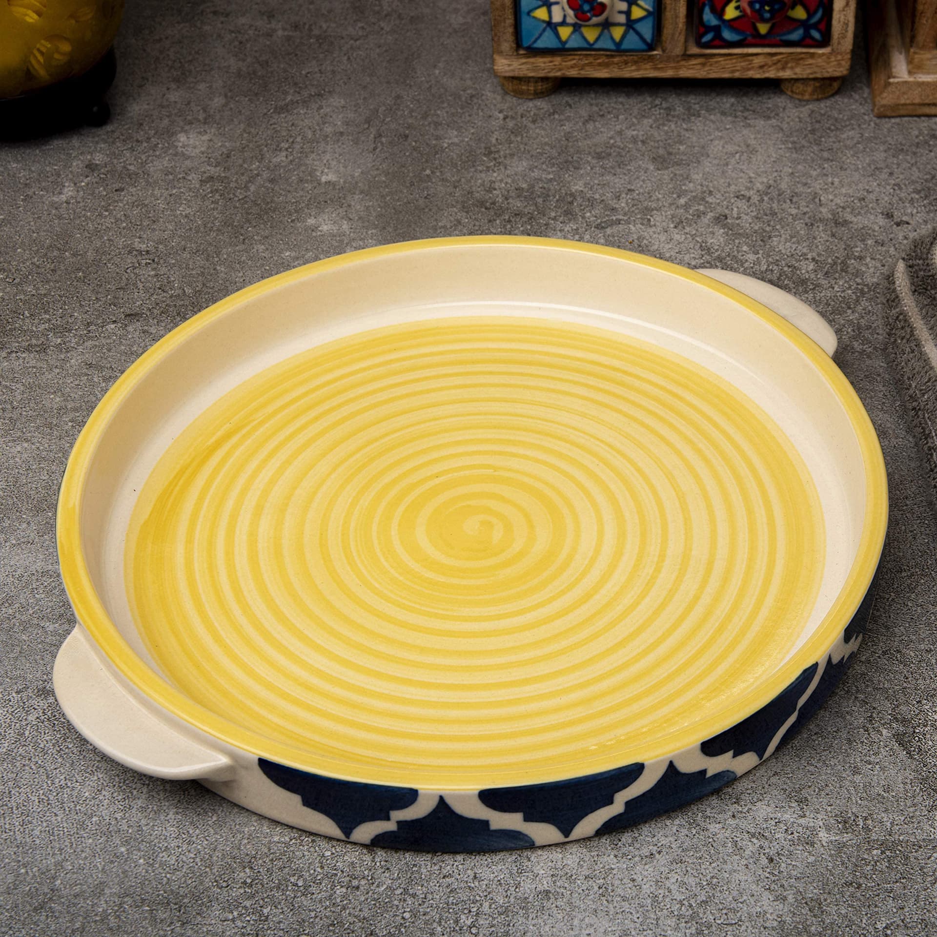 Hand Painted Ceramic Serving Sizzler Tray Microwave Safe Set (9.5 Inch, Blue, Yellow)