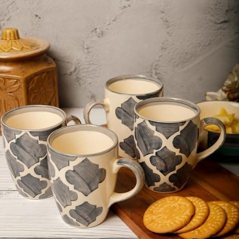 HS HINDUSTANI SAUDAGAR Grey Umrao Coffee Mug Set of 4 (275 ML Each) Microwave Safe Coffee Mugs Ceramic Milk Mug Ceramic Tea Mug Set Handmade Cup Best for Gift.