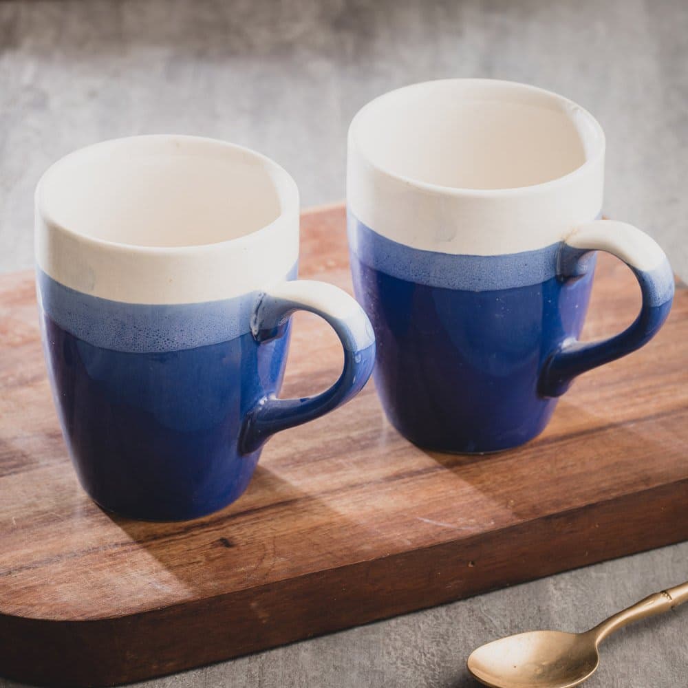 HS HINDUSTANI SAUDAGAR Ceramic Hand Painted Sea Blue Large Tea/Coffee Mugs, Blue , Set of 2