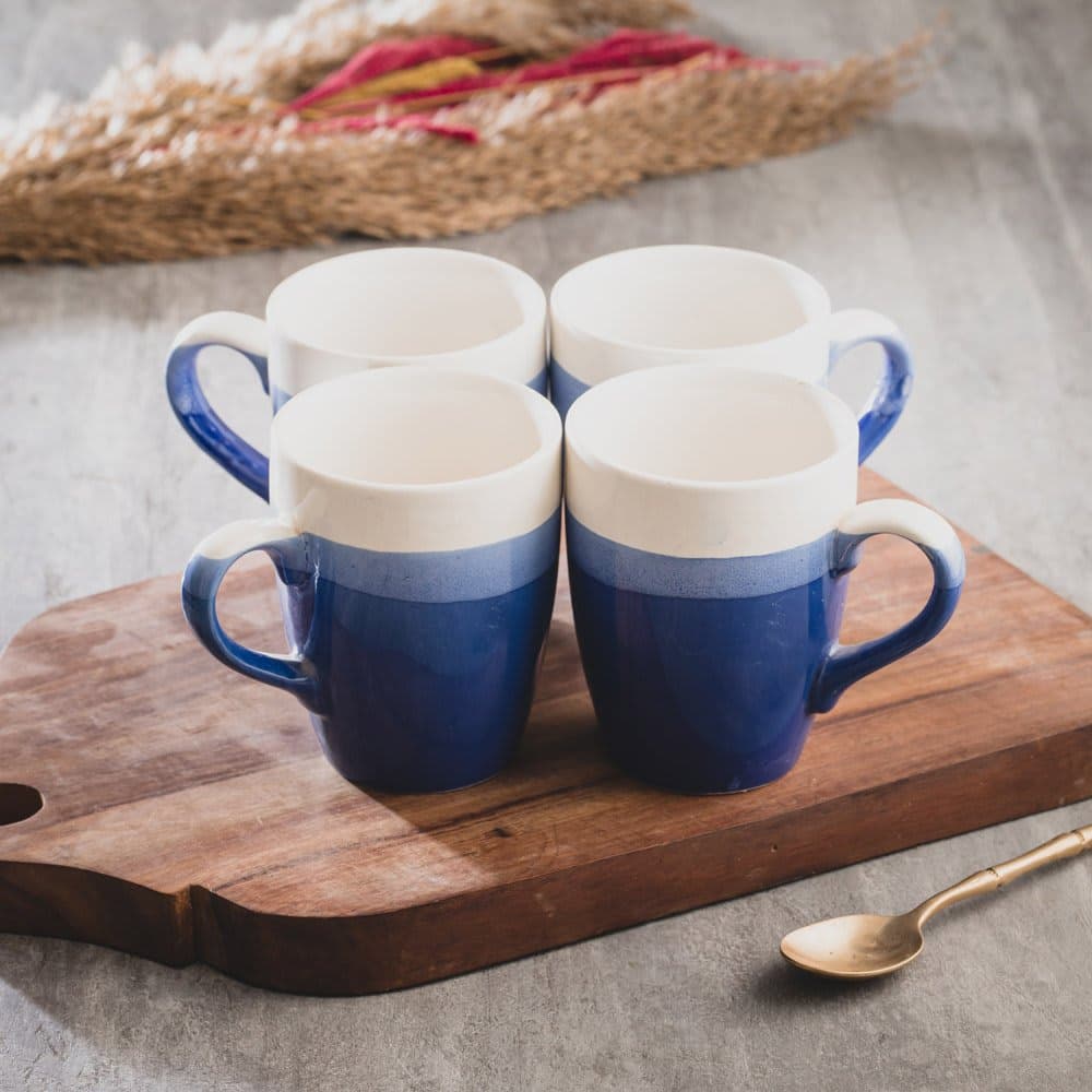 HS HINDUSTANI SAUDAGAR Ceramic Hand Painted Sea Blue Large Tea/Coffee Mugs, Blue , Set of 4