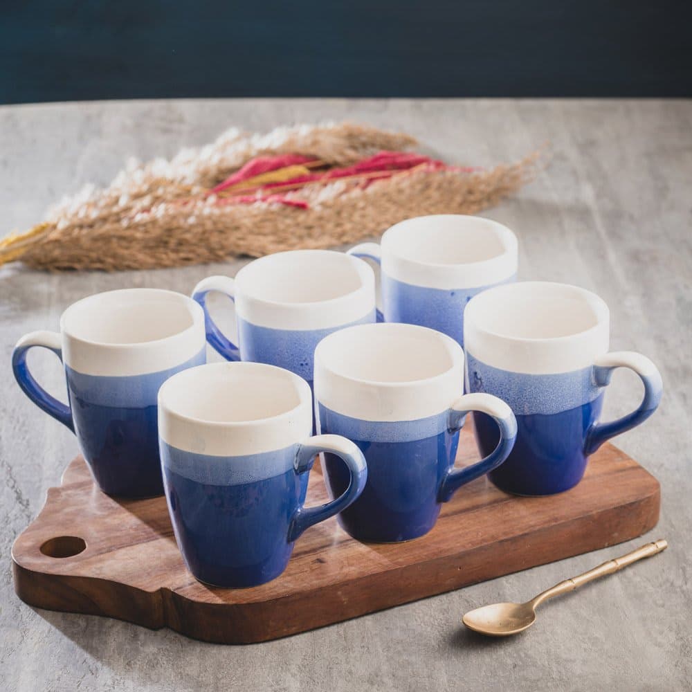 HS HINDUSTANI SAUDAGAR Ceramic Hand Painted Sea Blue Large Tea/Coffee Mugs, Blue , Set of 6