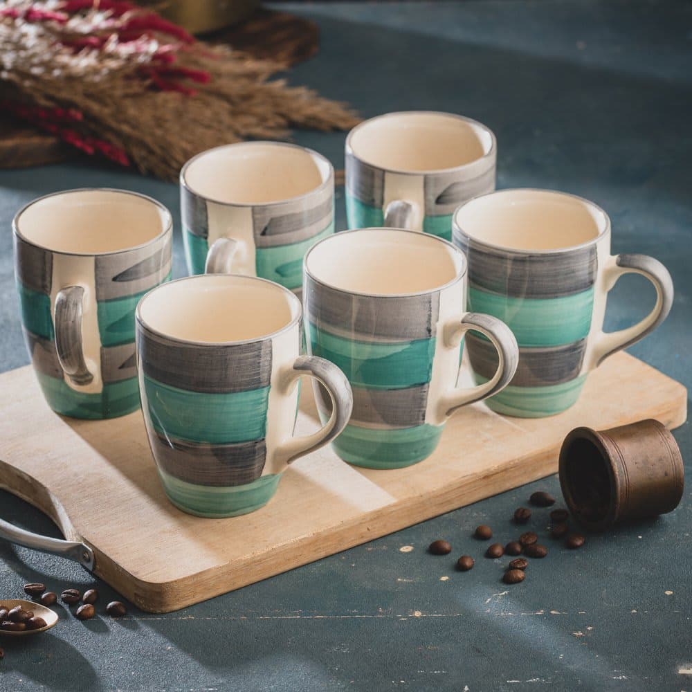 HINDUSTANI SAUDAGAR Aqua Mist Coffee Mug Set of 6 (275 ML Each) Microwave Safe Coffee Mugs Ceramic Milk Mug Ceramic Tea Mug Set Handmade Cup Best for Gift.