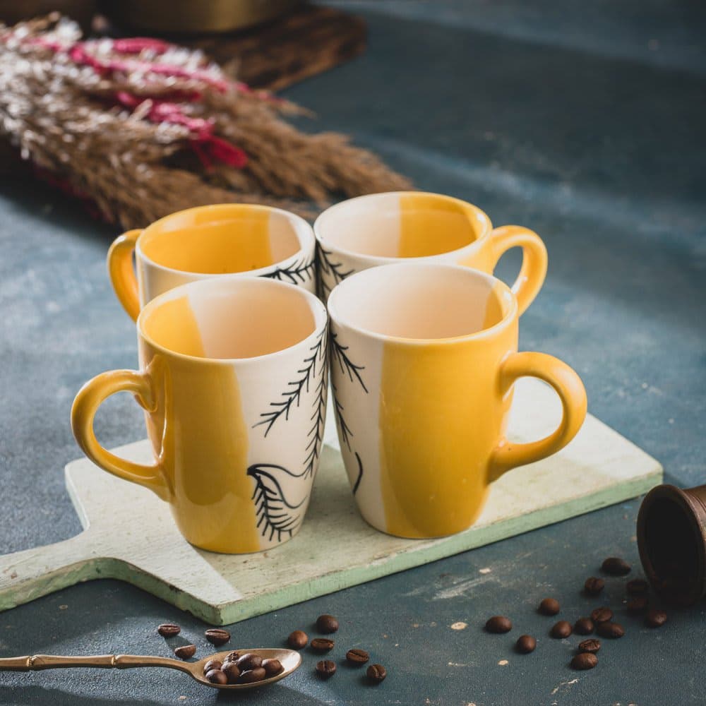 HINDUSTANI SAUDAGAR Sunset Leafstone Coffee Mug Set of 4(275 ML Each) Microwave Safe Coffee Mugs Ceramic Milk Mug Ceramic Tea Mug Set Handmade Cup Best for Gift.