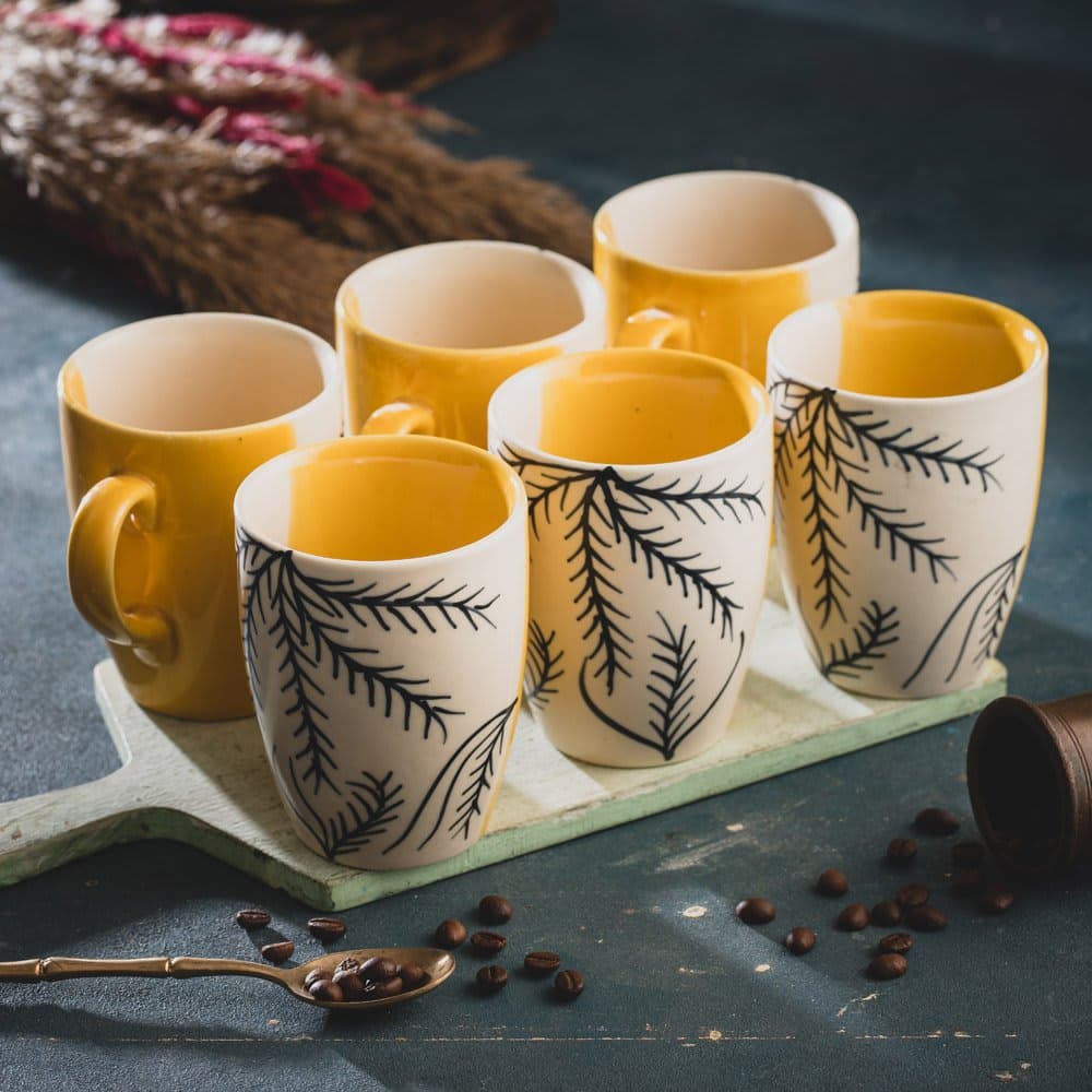 HINDUSTANI SAUDAGAR Sunset Leafstone Coffee Mug Set of 6(275 ML Each) Microwave Safe Coffee Mugs Ceramic Milk Mug Ceramic Tea Mug Set Handmade Cup Best for Gift.