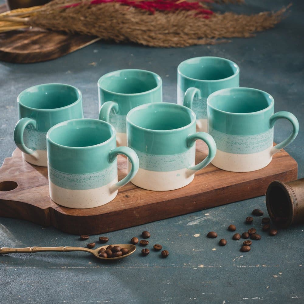 HINDUSTANI SAUDAGAR Aqua Mist Coffee Cup Set of 6(190 ML Each) Microwave Safe Coffee Mugs Ceramic Milk Mug Ceramic Tea Cup Set Handmade Cup Best for Gift.