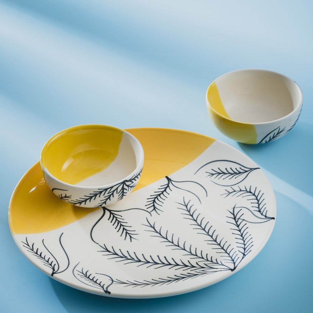 Hs Hindustani Saudagar Ceramic Handpainted Dinner/Serving Plate with Two Bowls (10 Inch Plate , 180 ml Bowl ) Yellow