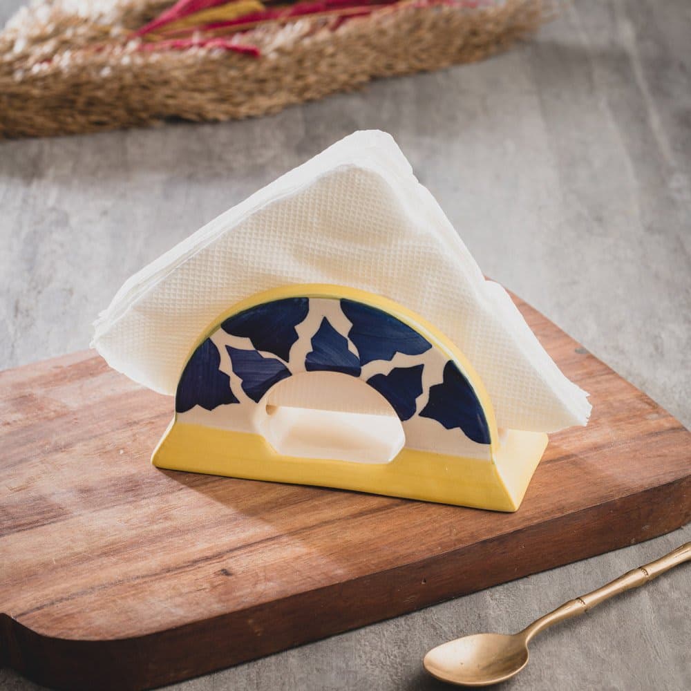 Hindustani Saudagar Hand Painted Ceramic Blue and Yellow Beautiful Tissue/Napkin Holder Set of 1