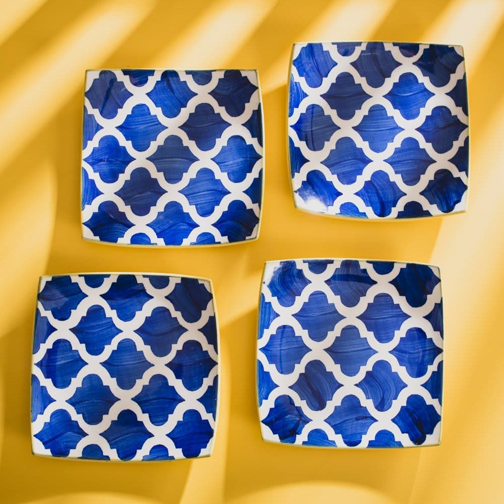 HS HINDUSTANI SAUDAGAR Ceramic Serving Designer Square/Triangle Dinner Quarter Plates Set of 4 (Microwave and Dishwasher Safe), 7 Inch (Blue)