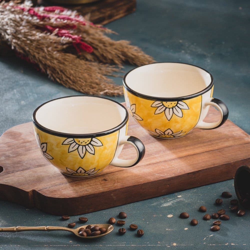 HS HINDUSTANI SAUDAGAR Ceramic Hand Painted Suntastic Yellow with Black Colour Soup Bowl ,300 Ml , Set of 2 (Yellow)
