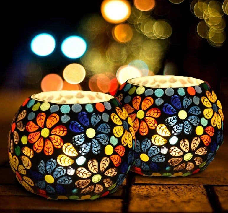 HS Hindustani Saudagar Mosaic Tealight Candle Holder for Diwali Decor, Christmas Decor, Diwali Decoration - Pack of 2