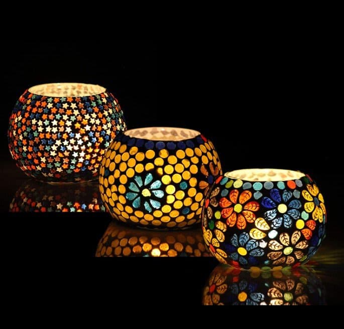 HS Hindustani Saudagar Set of 3 Handmade Glass Mosaic Turkish Moroccan Tea Light Candle Holders - Random or Mixed Designs