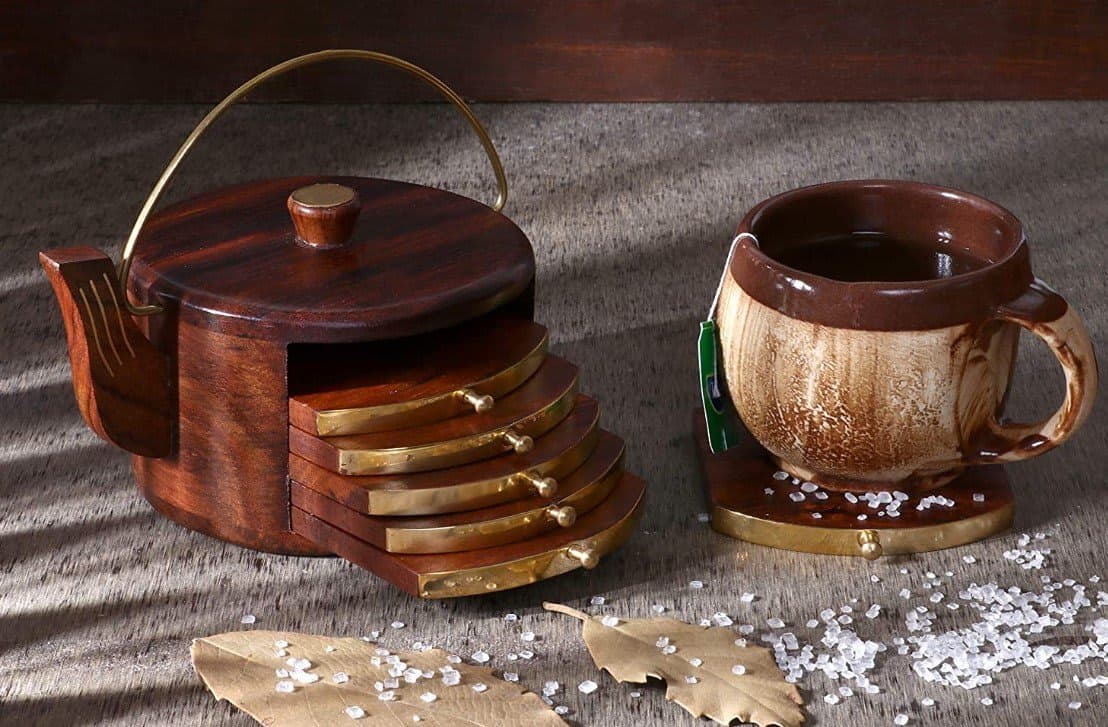 HS Hindustani Saudagar Wooden Drink Coasters Wood Table Coaster Set of 6 for Tea Cups Coffee Mugs Beer Cans Bar Tumblers and Water Glasses (Kettle Shape)