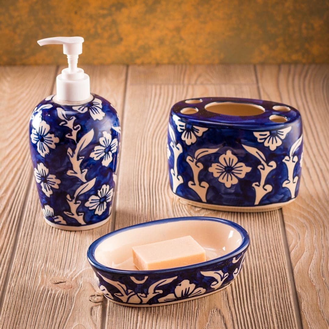 HS Hindustani Saudagar Hand Painted Sea Blue Pottery Ceramic Bathroom Accessory Set of 3 Pieces Soap Dispenser, Brush Holder, Soap Dish, for Bathroom Décor and Home Gift