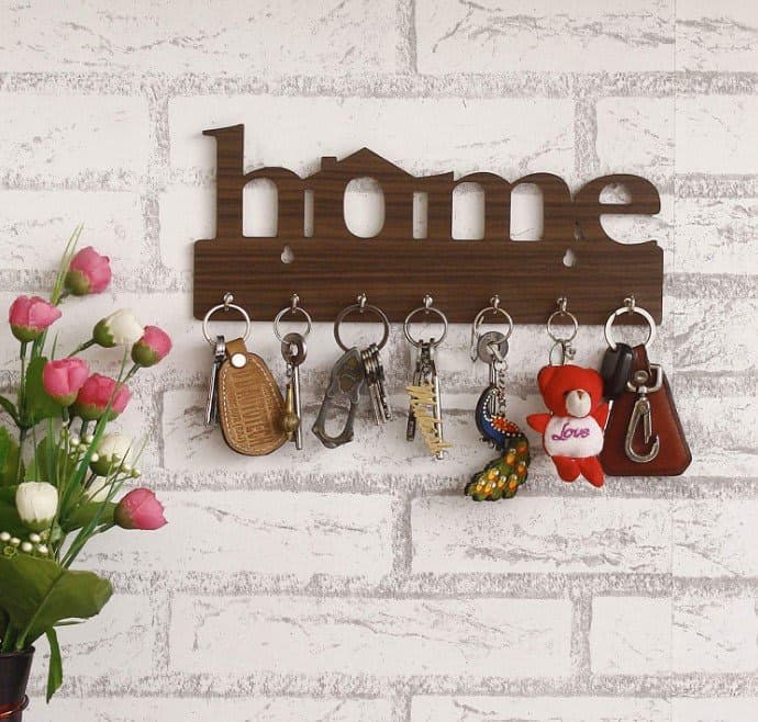 "Home" Keys Wooden Key Holder (29 cm x 13.5 cm x 0.4 cm, Wood, Brown)- Pack of 7 Hooks