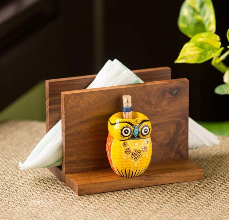 HS HINDUSTANI SAUDAGAR Wooden Paper Napkin Holders For Dining Table Tissue Paper Holder For Table & Tissue Stand With Toothpick Holder