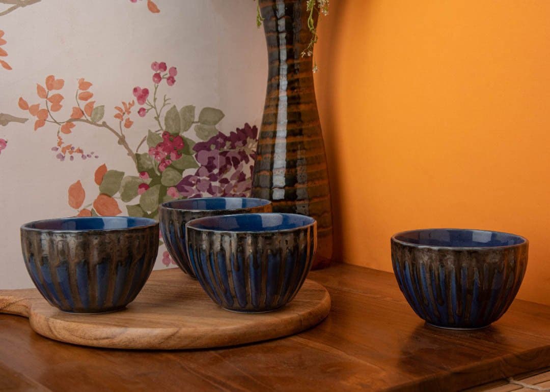 HS HINDUSTANI SAUDAGAR Hand Glazed Studio Pottery Ceramic Stoneware Serving Multi Purpose Bowl Microwave Safe, Dishwasher Safe 275 ml (Blue, Standard) -Set of 4