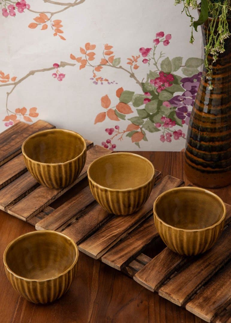 HS HINDUSTANI SAUDAGAR Hand Glazed Studio Pottery Ceramic Stoneware Serving Multi Purpose Bowl Microwave Safe, Dishwasher Safe 275 ml (Mustard, Standard) -Set of 4