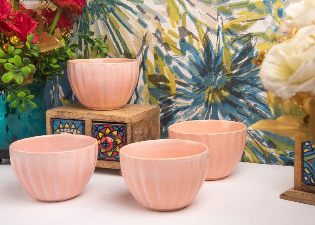 HS HINDUSTANI SAUDAGAR Hand Glazed Studio Pottery Ceramic Stoneware Serving Multi Purpose Bowl Microwave Safe, Dishwasher Safe 275 ml (Pink, Standard) -Set of 4