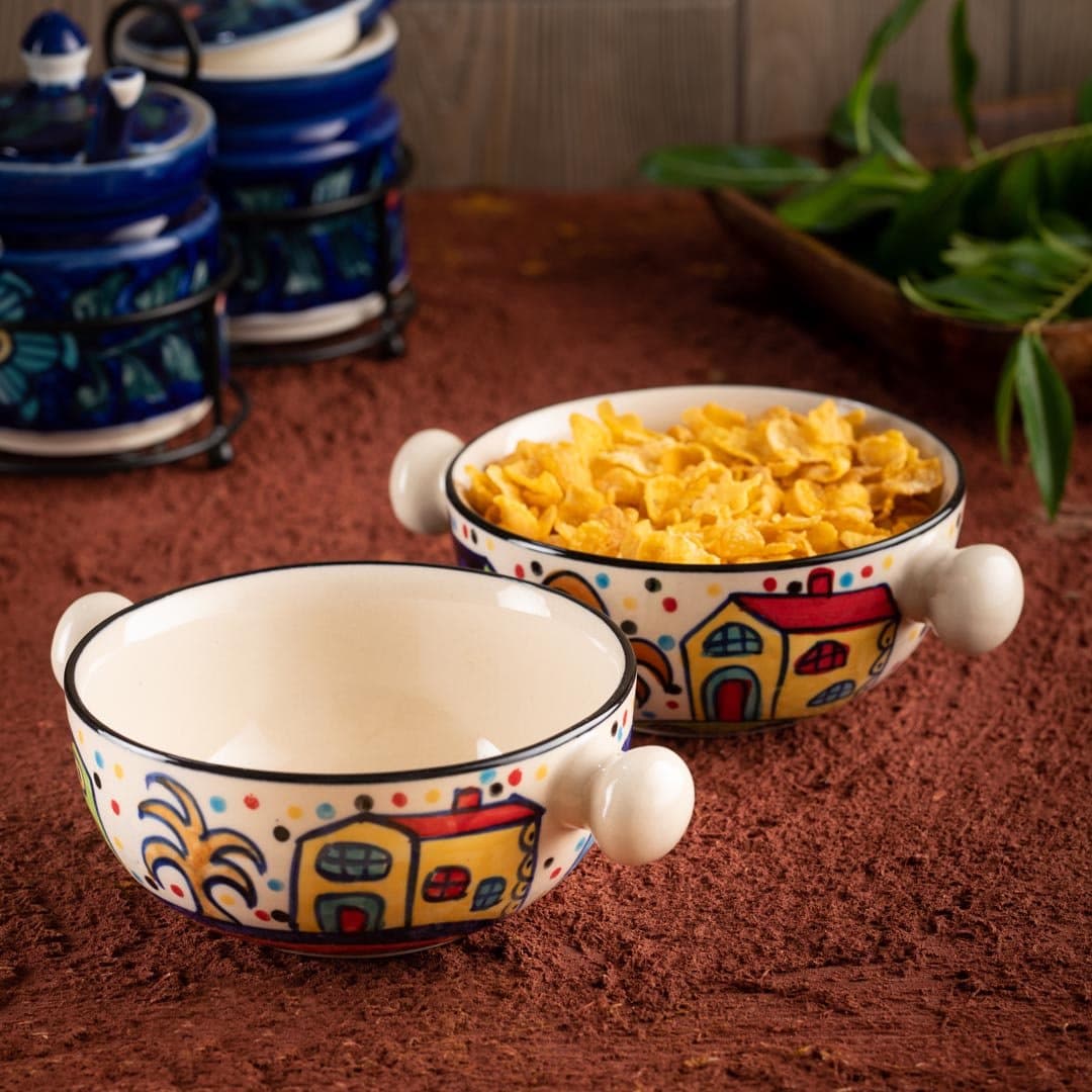 HS Hindustani Saudagar Ceramic Hand Painted Soup Bowl ,300 Ml , Set of 2 (Multicolor)