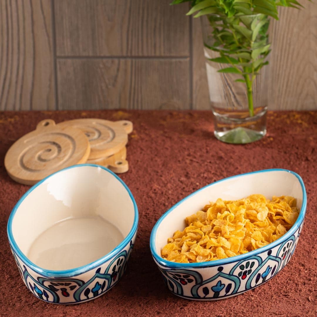 HS HINDUSTANI SAUDAGAR Ceramic Handpainted Boat Shape Serving Bowl 500 Ml ,Set of 2 Green