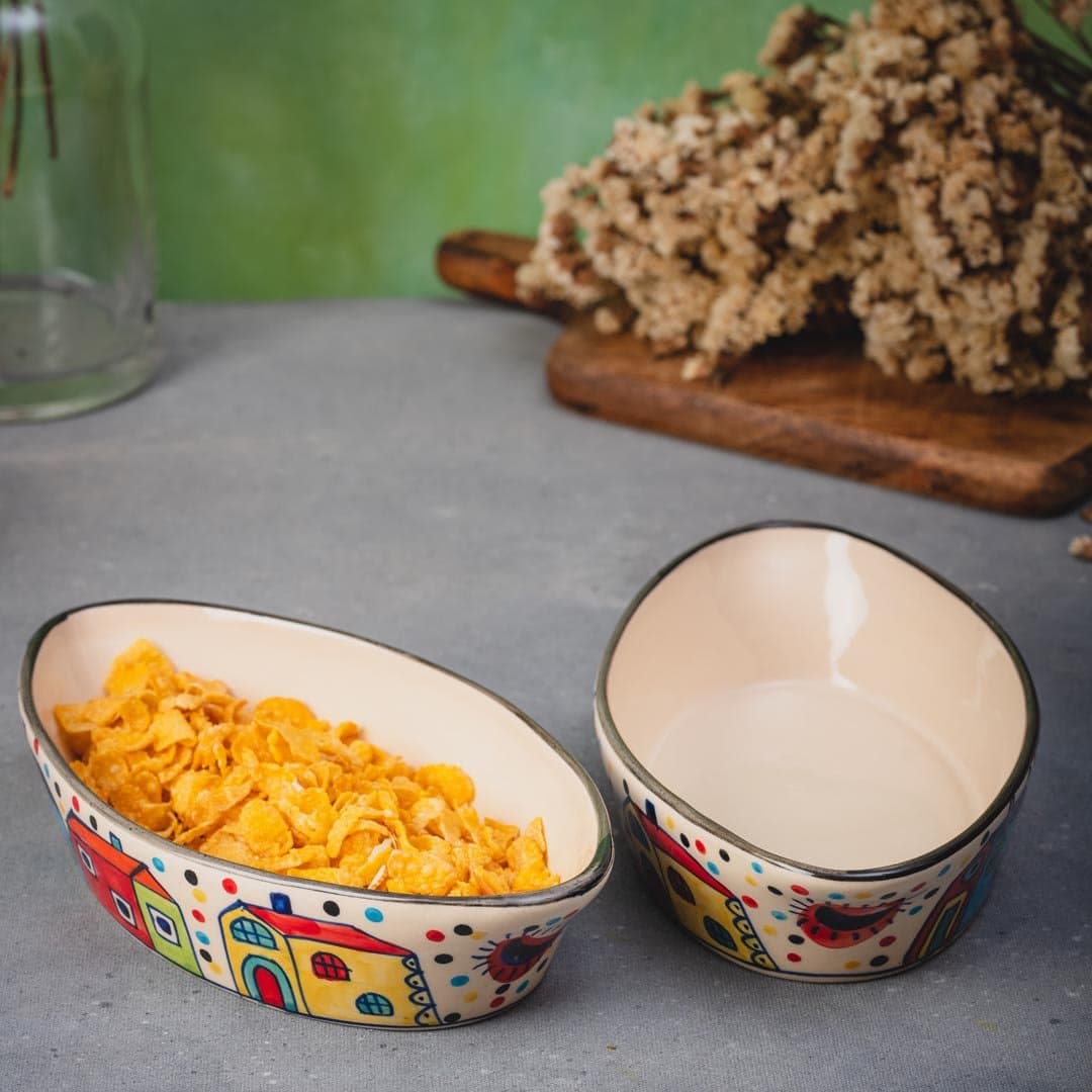 HS HINDUSTANI SAUDAGAR Ceramic Handpainted Boat Shape Serving Bowl 500 Ml ,Set of 2 Multicolor