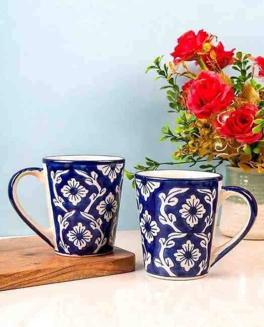 HINDUSTANI SAUDAGAR Mystic Floral Coffee Mug Set of 2 (350 ML Each) Microwave Safe Coffee Mug Ceramic Milk Mugs Ceramic Tea Mug Set Handmade Cup Best for Gift.
