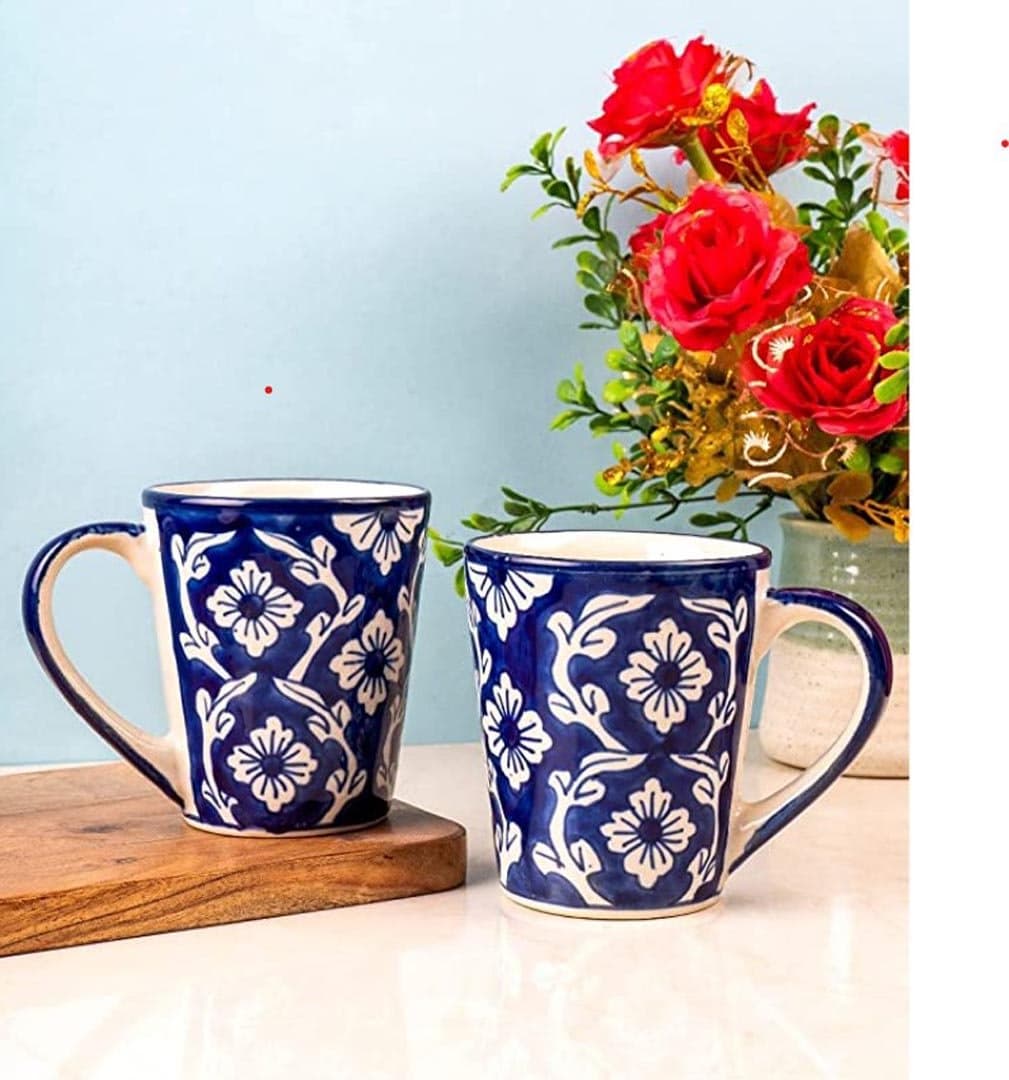 HS HINDUSTANI SAUDAGAR Hand Painted Flower Pattern Ceramic Large Tea /Coffee/ Milk Mug - 2 Pieces 350 Ml
