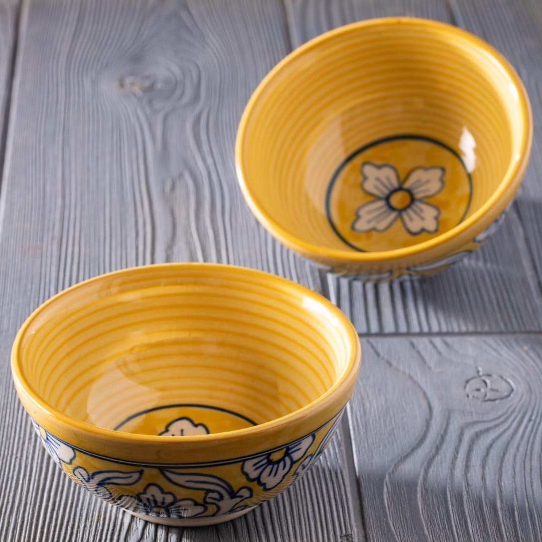 HS HINDUSTANI SAUDAGAR Ceramic Hand Painted Multipurpose Large Bowls 470Ml , Set of 2 ( Yellow)