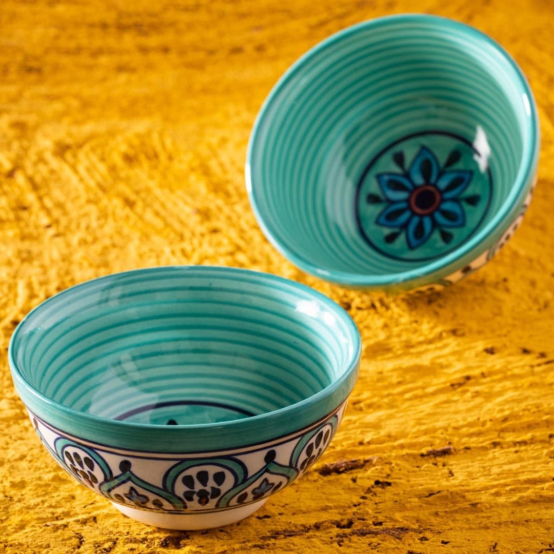 HS HINDUSTANI SAUDAGAR Ceramic Hand Painted Multipurpose Large Bowls 470Ml , Set of 2 ( Green)