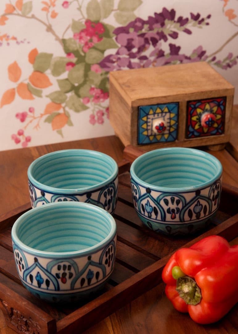 HS HINDUSTANI SAUDAGAR Ceramic Hand Painted Floral Serving Multi Purpose Bowl (Blue, Set of 3, 300ML)