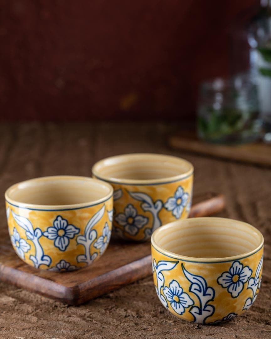 HS HINDUSTANI SAUDAGAR Ceramic Hand Painted Floral Serving Multi Purpose Bowl (Yellow, Set of 3, 300ML)