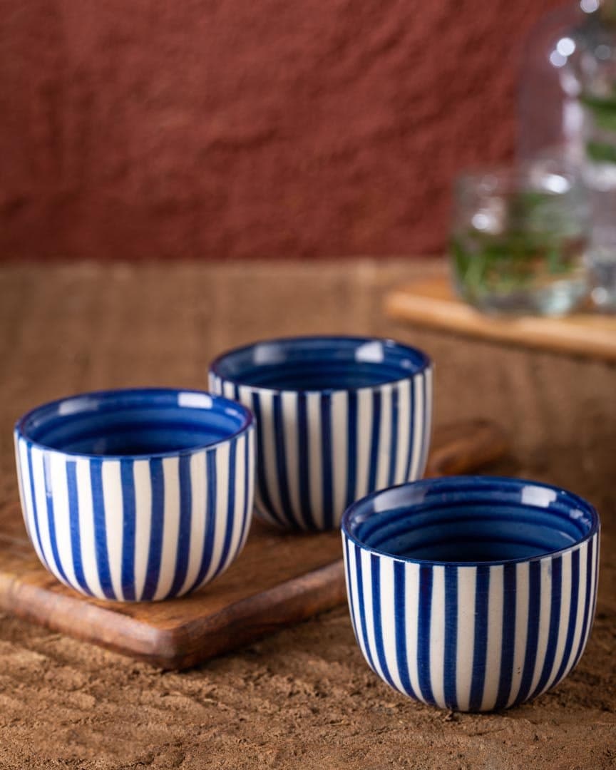 HS Hindustani Saudagar Handpainted Ceramic Striped Multi Purpose Bowl 320 Ml , Set of 3