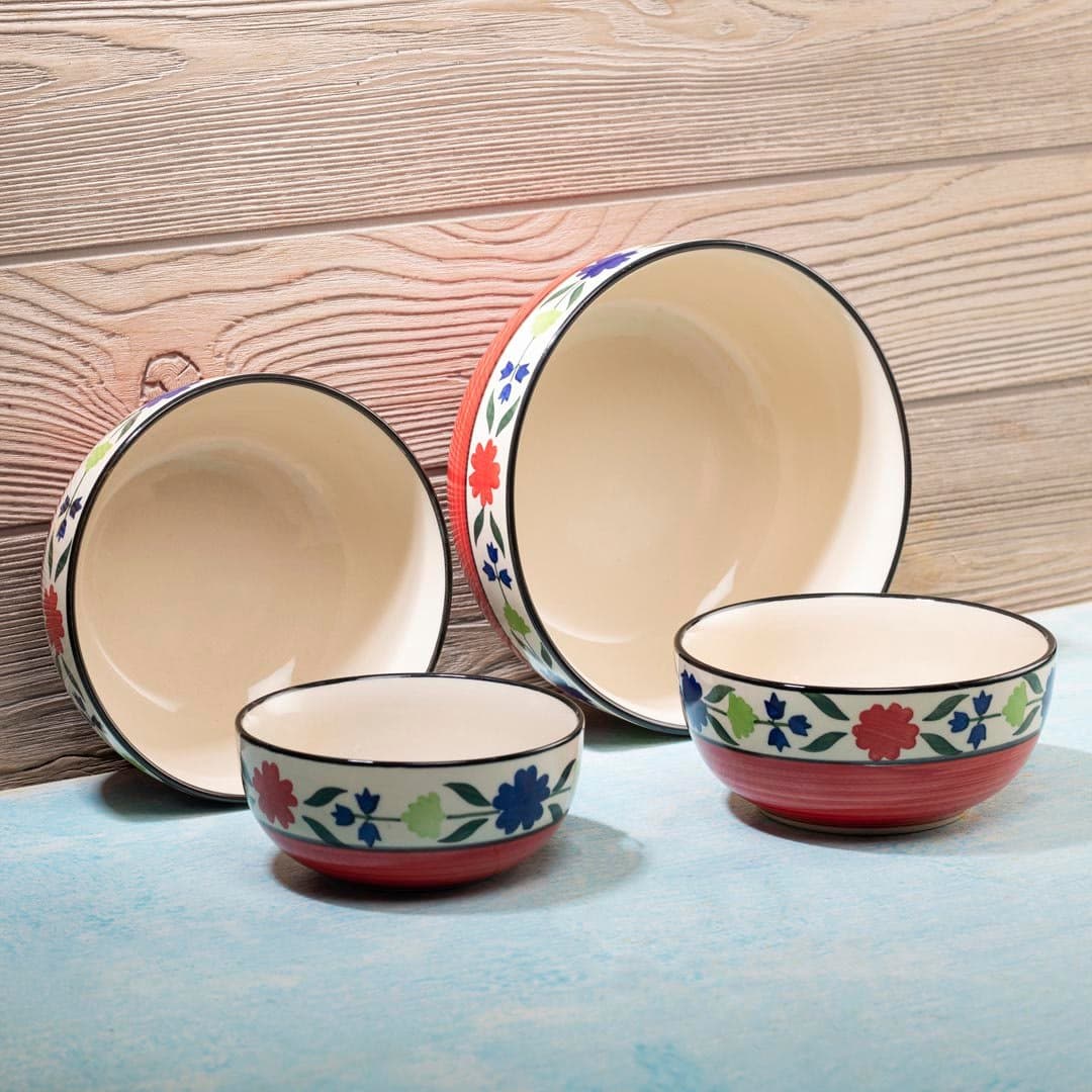 HS HINDUSTANI SAUDAGAR ceramic Contemporary Bowl - 1000 ML , 750 ML , 500 ML and 350 ML, Set of 4, Red
