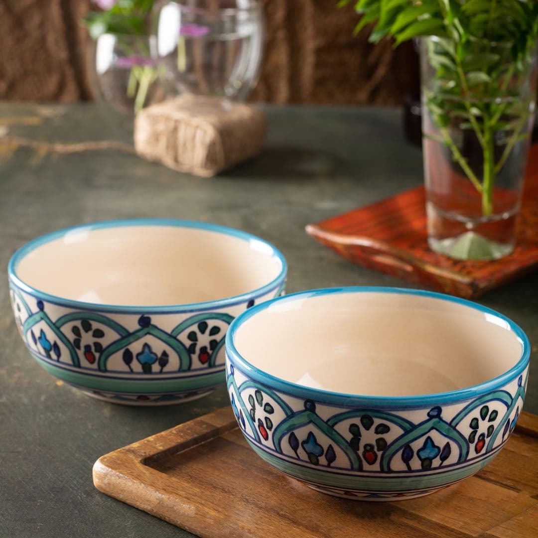 HS Hindustani Saudagar Ceramic Hand Painted Crown Painting Serving Bowl 750 Ml , Set of 2 (Green)