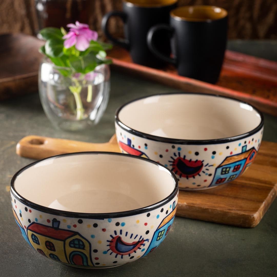 HS Hindustani Saudagar Ceramic Hand Painted Crown Painting Serving Bowl 750 Ml , Set of 2 (Multi)
