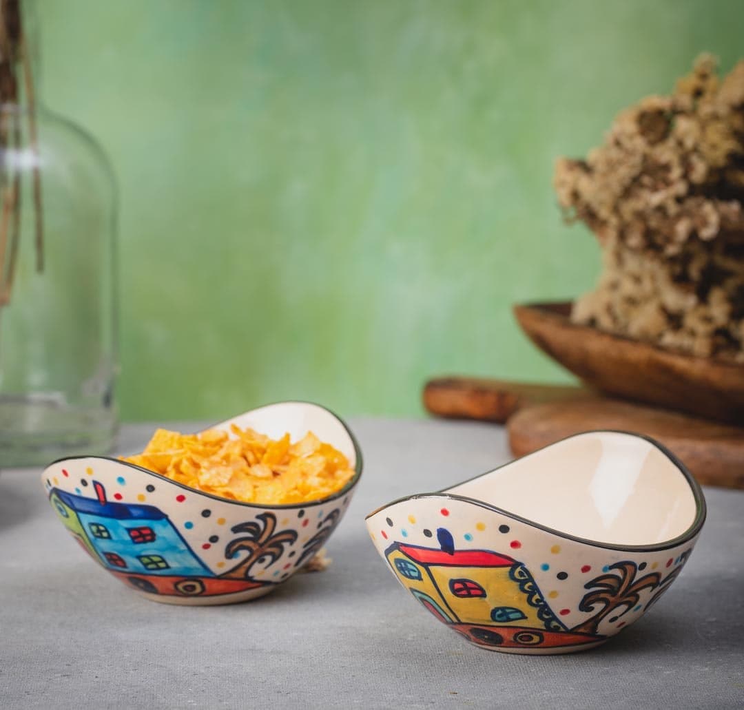 Hs Hindustani Saudagar Hand Painted Ceramic Hand Painted Boat Shape Multipurpose Serving Bowl , Set of 2 , 200Ml