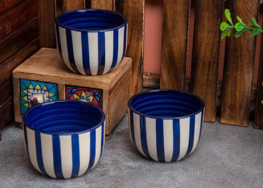hindustani saudagar Hand Painted Striped Microwave Safe Ceramic Stoneware Serving/Snacks/Dessert Multi Purpose Bowl (Blue) -Set of