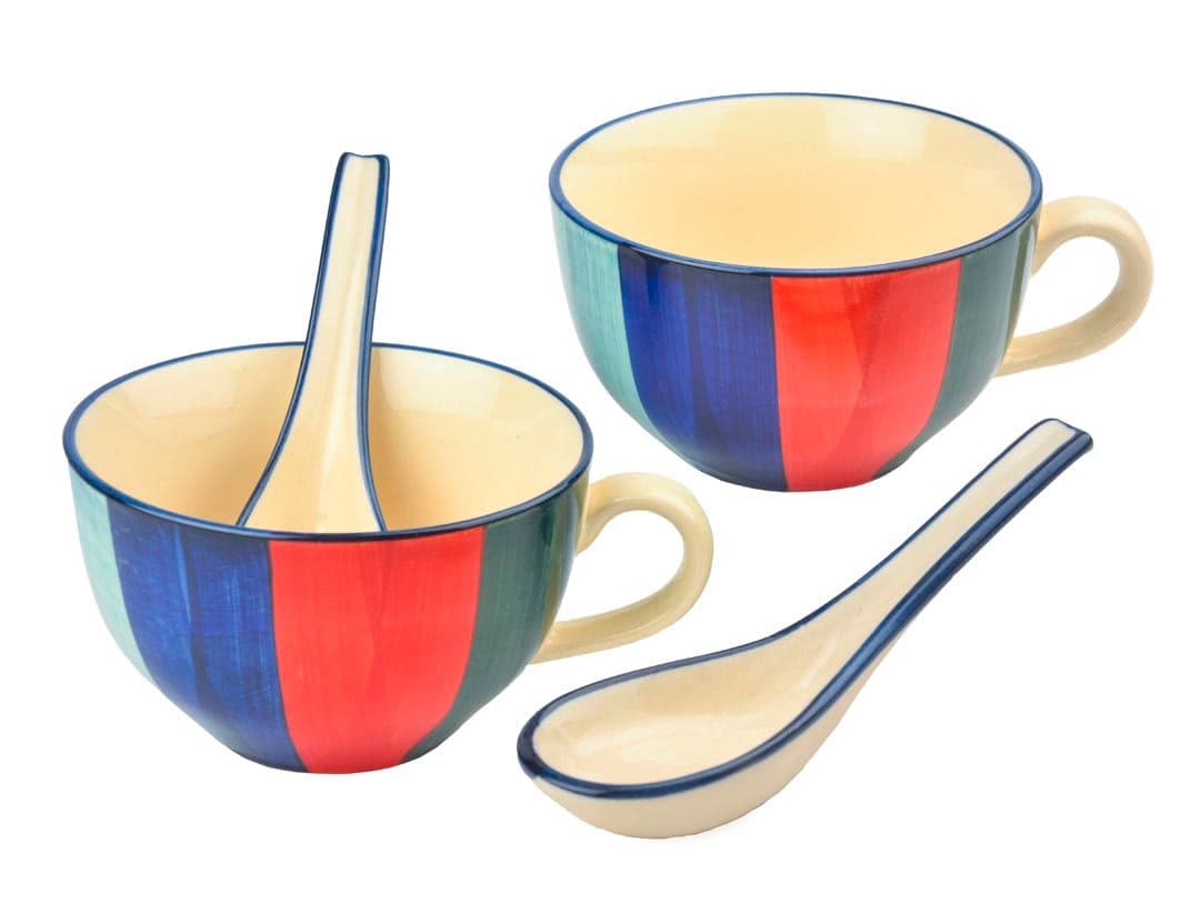 HS HINDUSTANI SAUDAGAR Hand Painted Ceramic Floral Soup Bowls Set of 2 with Spoon- Home/Kitchen/Dinning/Serving Bowls/Handled Soup Bowl, Multicolour, 300ML