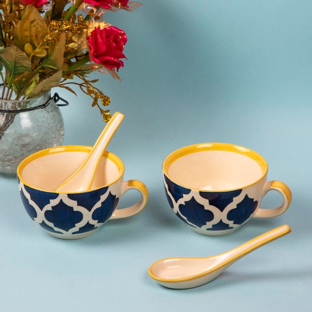 Hs Hindustani Saudagar Hand Painted Ceramic Soup Bowl Set of 2 with Spoon, 300 ML