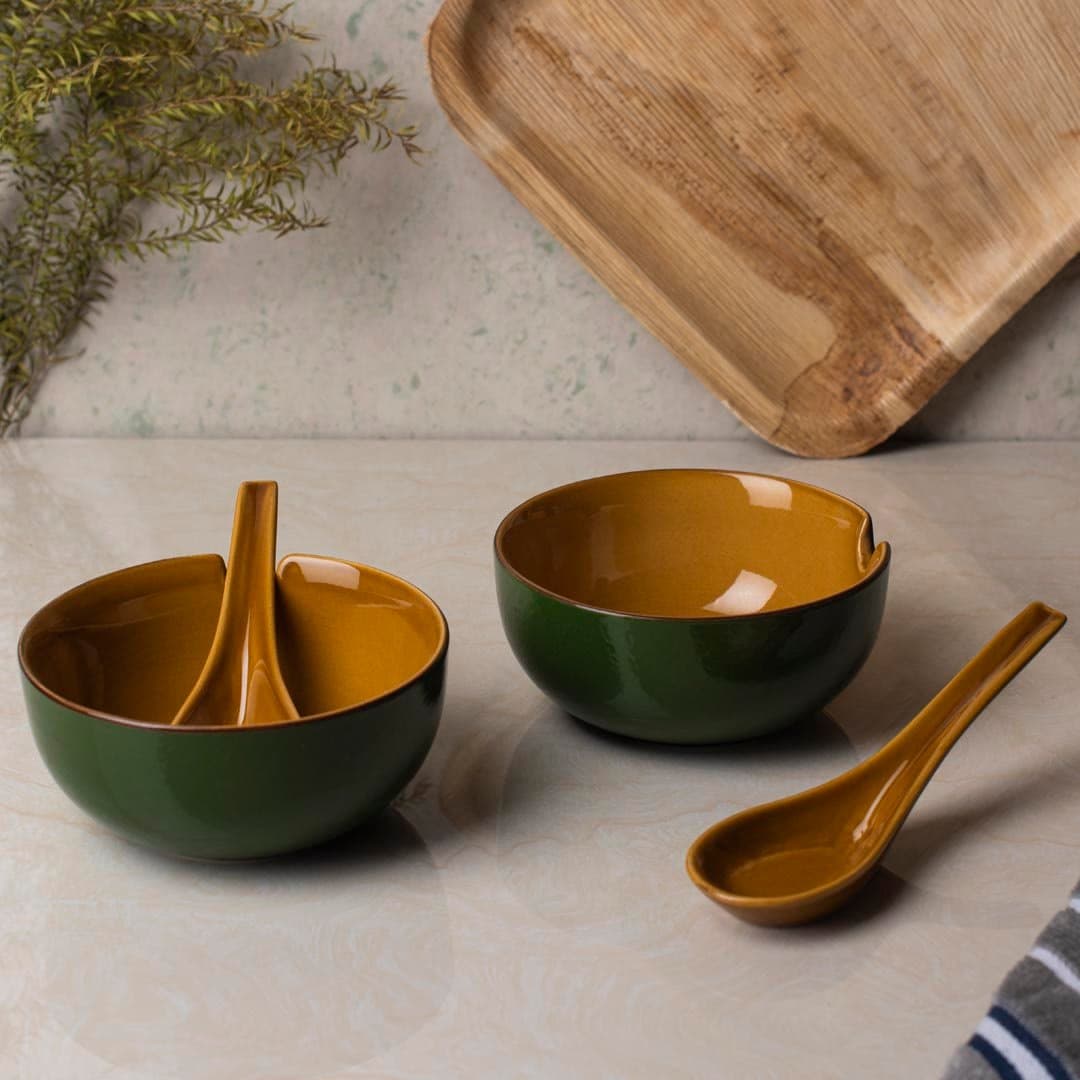 Hs Hindustani Saudagar Ceramic Dual Glazed Handpainted Soup Bowls with Spoons, Set of 2 , 240Ml ,Green