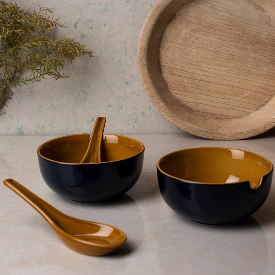 Hs Hindustani Saudagar Ceramic Hand Painted Soup Bowls with Spoons 240 Ml, Set of 2 (Blue)