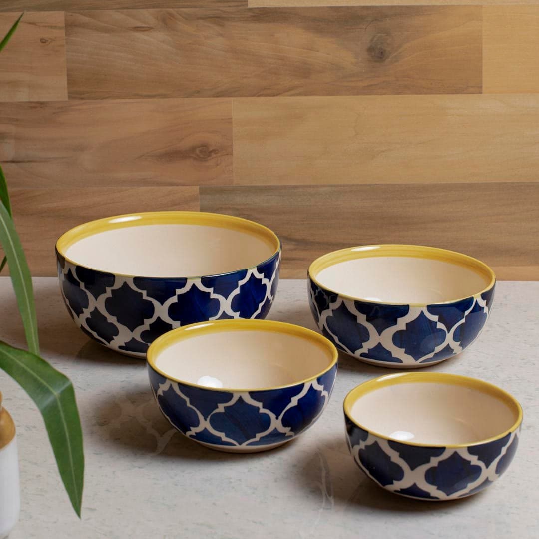 HS Hindustani Saudagar Ceramic Handcrafted Multipurpose Bowls 1000 ML, 750 ML, 500 ML and 350 ML , Set of 4 (Blue & Yellow)